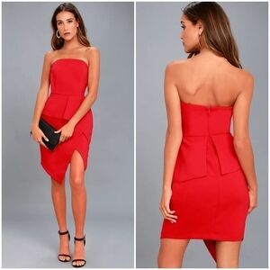 Adelyn Rae Samantha Strapless Asymmetric Peplum Party Dress in Red